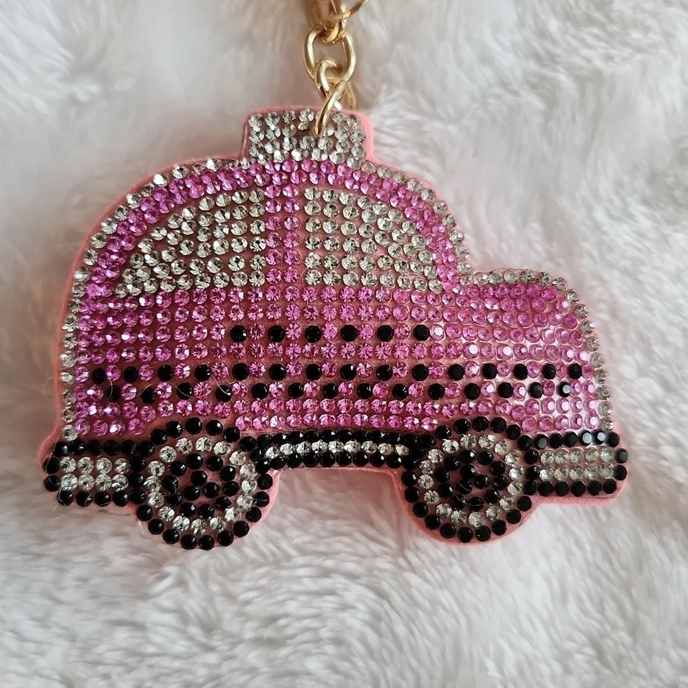 Pink Taxi Sparkling Rhinestone Car Keychain  Bag Charm
